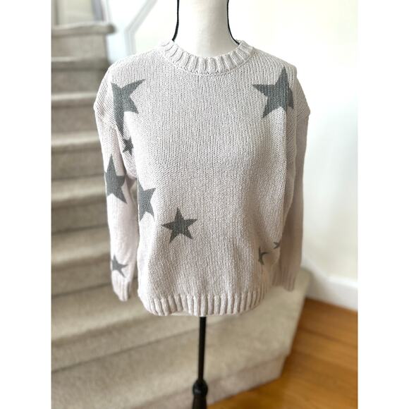 Splendid Grey Star Print Cotton Knit Crewneck Long Sleeve Sweater Boho Celestial - Picture 1 of 6